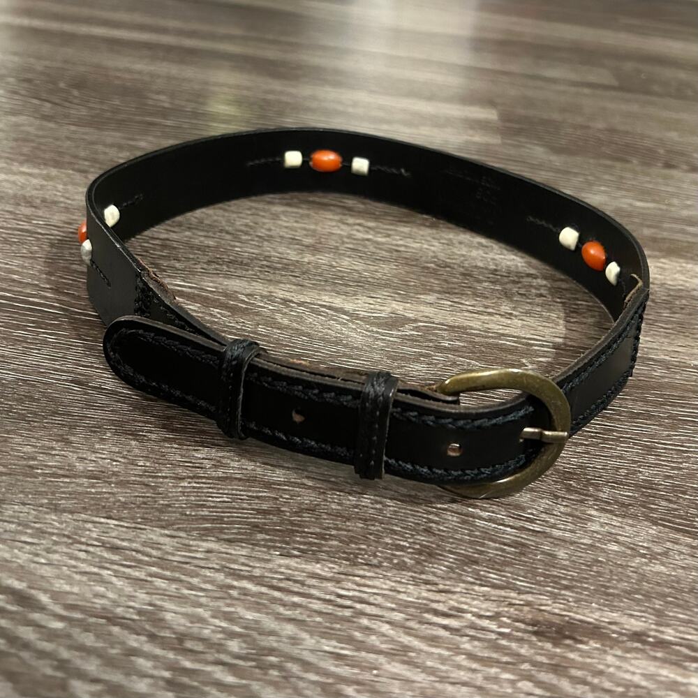 Vintage L.L.Bean Black Leather Beaded Belt Sz L Brass Buckle Western Boho Unisex - Picture 5 of 12